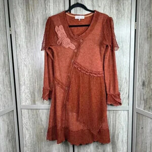 Pretty Angel Dress Small A Line Boho Flowers Crochet Rust Color